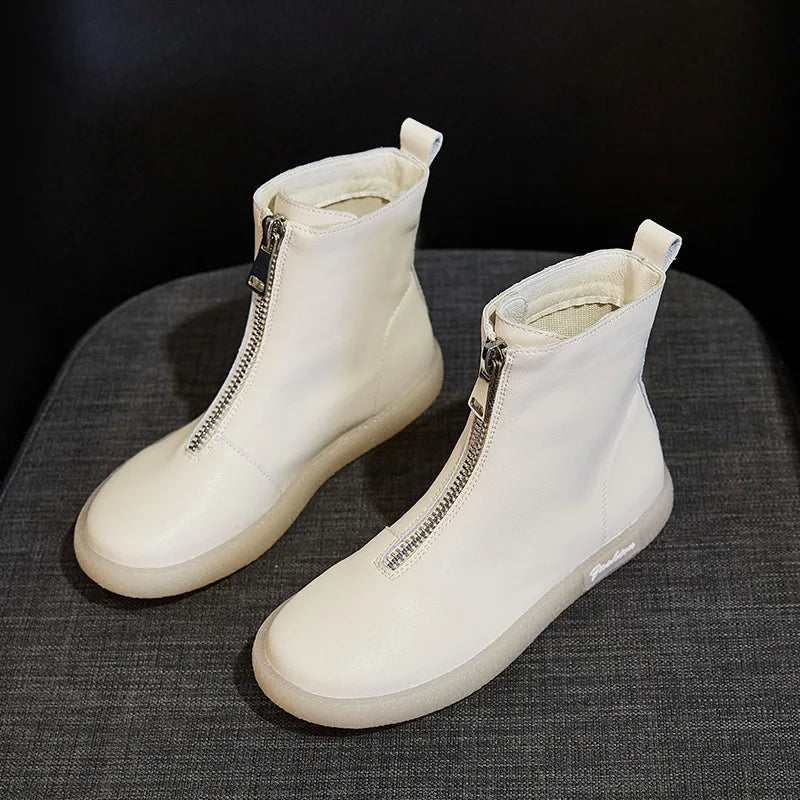 ZXRYXGS British Style Front Zipper Genuine Leather Boots Flat Sneakers 2026 Temperament Trend Autumn Winter Boots Black White