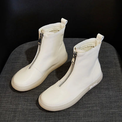 ZXRYXGS British Style Front Zipper Genuine Leather Boots Flat Sneakers 2026 Temperament Trend Autumn Winter Boots Black White