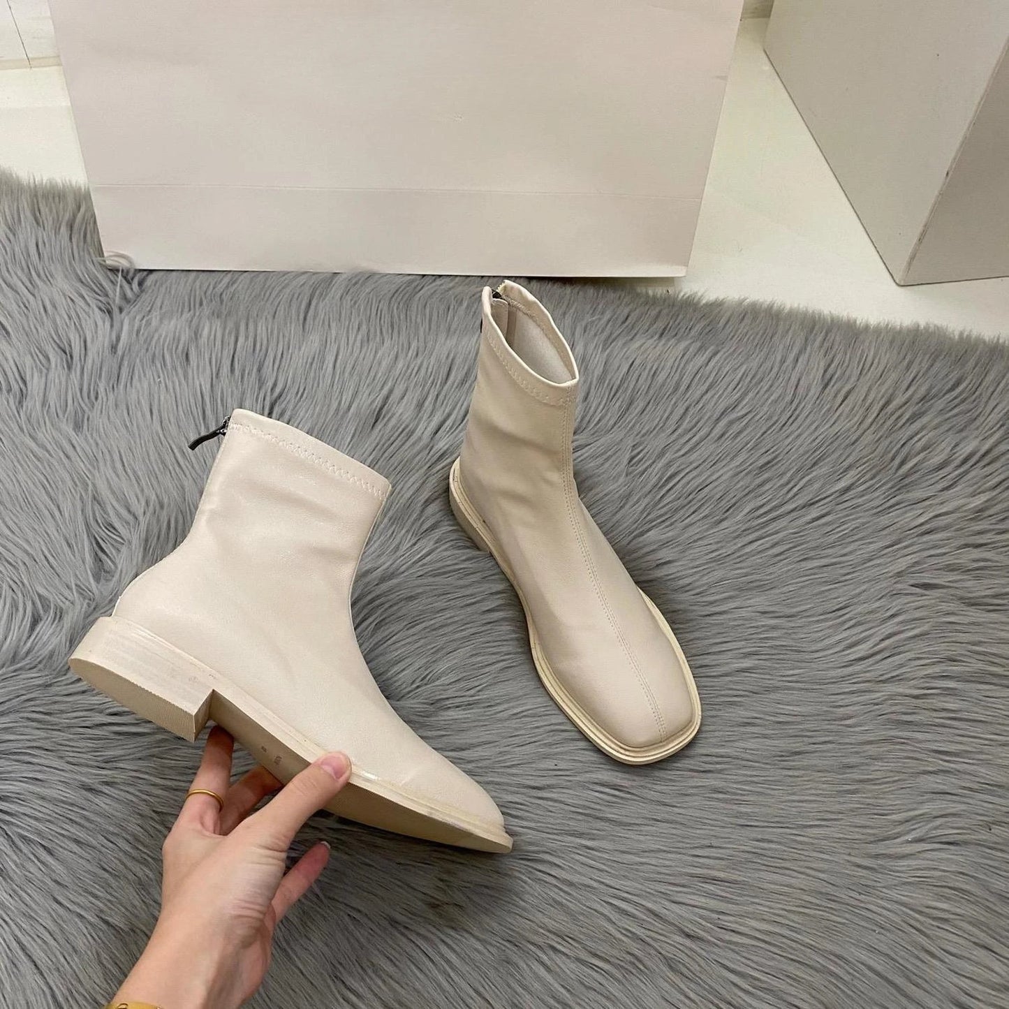 White Female Ankle Boots Work Short Shoes for Women Leather Elegant with Low Heels Booties Footwear Designer Luxury Chic New In