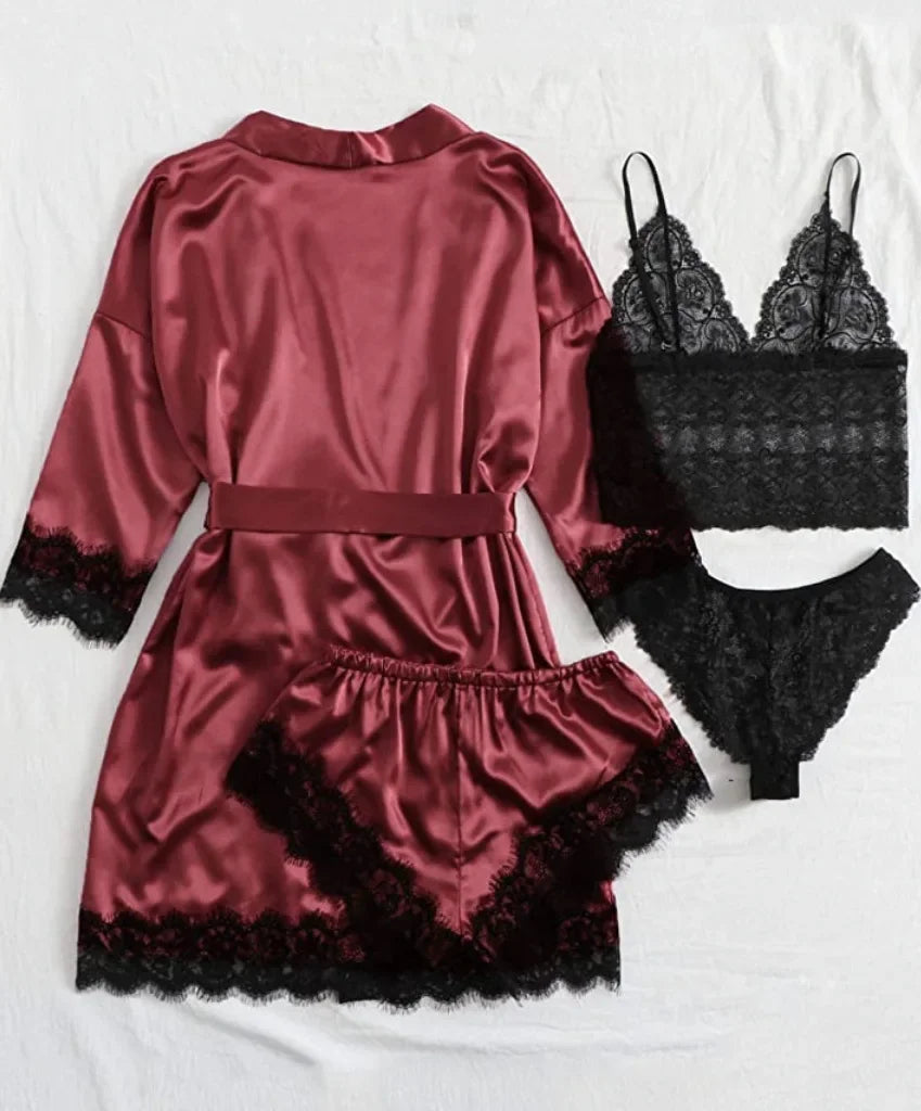 Pyjamasset dam med satinkänsla och spets – sex färger, S–2XL