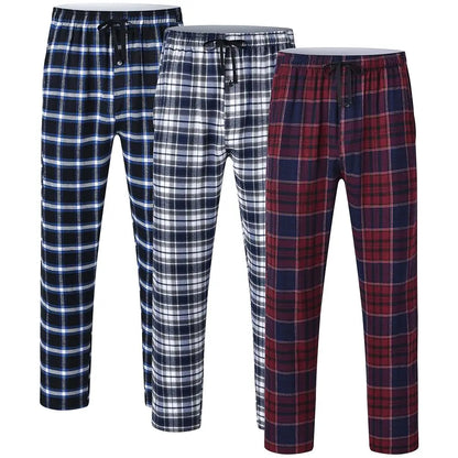 Men's 3Pcs Pajama Sleeping Pants Cotton Plaid Pjs, Long Plaid Print Sleepwear Pajama Pants with Elastic Waist Homewear