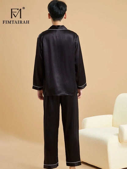 Fimtairah Real 19MM 100% Mulberry Silk Pajamas Men's Autumn  Hangzhou Solid Color heavy Silk Home Wear Men's