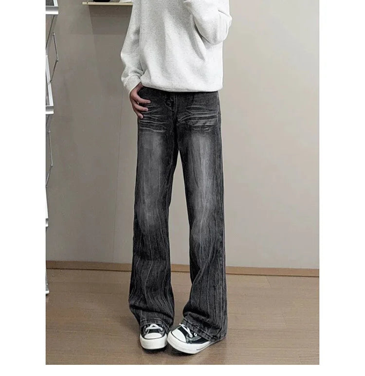 Washed Lightning Print Curved Flare Jeans For Male American Autumn Casual Fashion High Street Men Men Straight Leg Denim Pants
