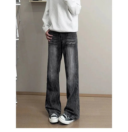 Washed Lightning Print Curved Flare Jeans For Male American Autumn Casual Fashion High Street Men Men Straight Leg Denim Pants