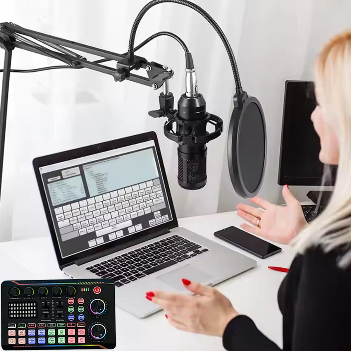 Kondensatormikrofonset med ljudkort, justerbar arm och popfilter