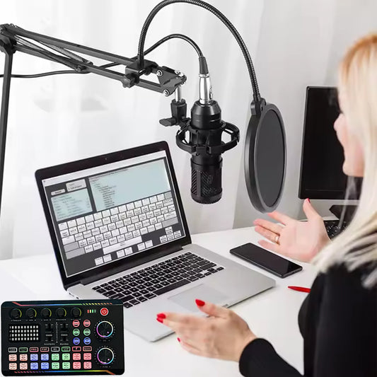 Kondensatormikrofonset med ljudkort, justerbar arm och popfilter