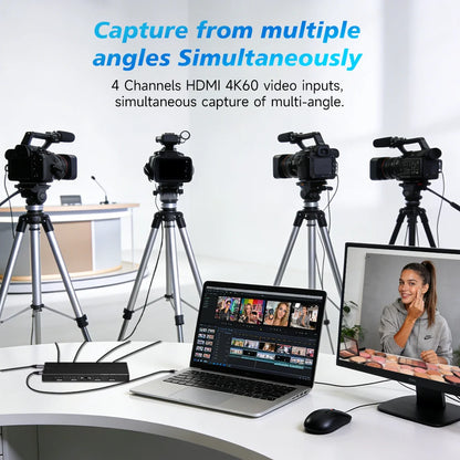 4-Kanals 4K60 HDMI Capture Card – 4 ingångar, Loop-out, USB-C UVC för OBS, vMix & Live Streaming