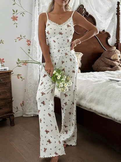 Pyjamasset dam med björntryck – kort linne och långbyxor, S–1XL