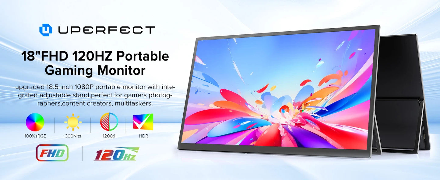 UPERFECT 18,5" Portabel Monitor IPS FHD 1080P – 120Hz AMD FreeSync HDR400 USB-C HDMI VESA Inbyggda Högtalare EU-lager