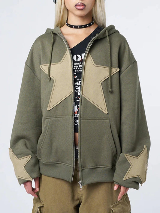 Y2K Vintage Stjärntryck Hoodiemantel med Dragkedja för Kvinnor