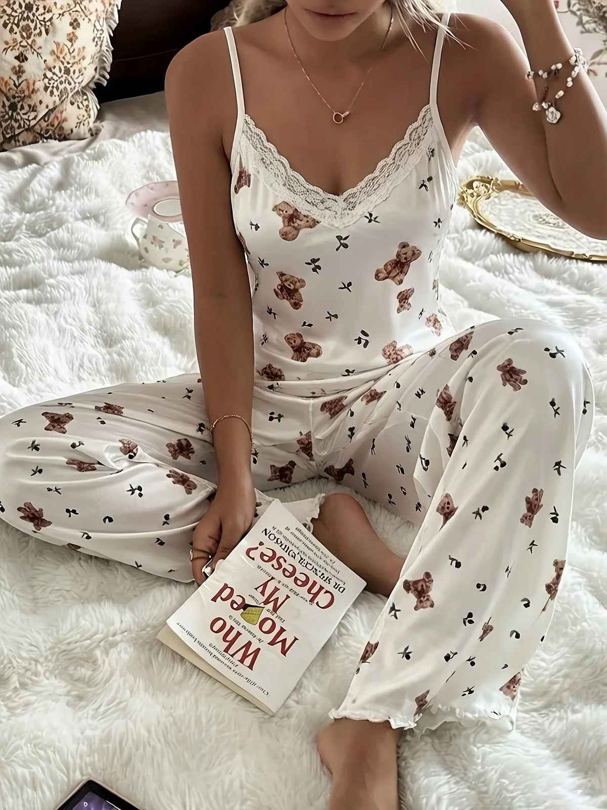 Dam Pyjamas Set Sommar – Söt Björn-Print, Crop Top & Byxa Slim Loungewear