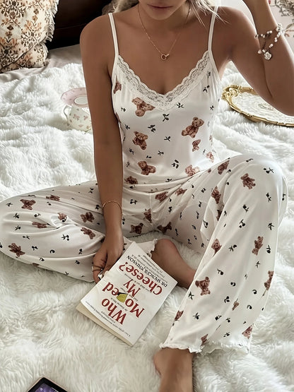 Pyjamasset dam med björntryck – kort linne och långbyxor, S–1XL