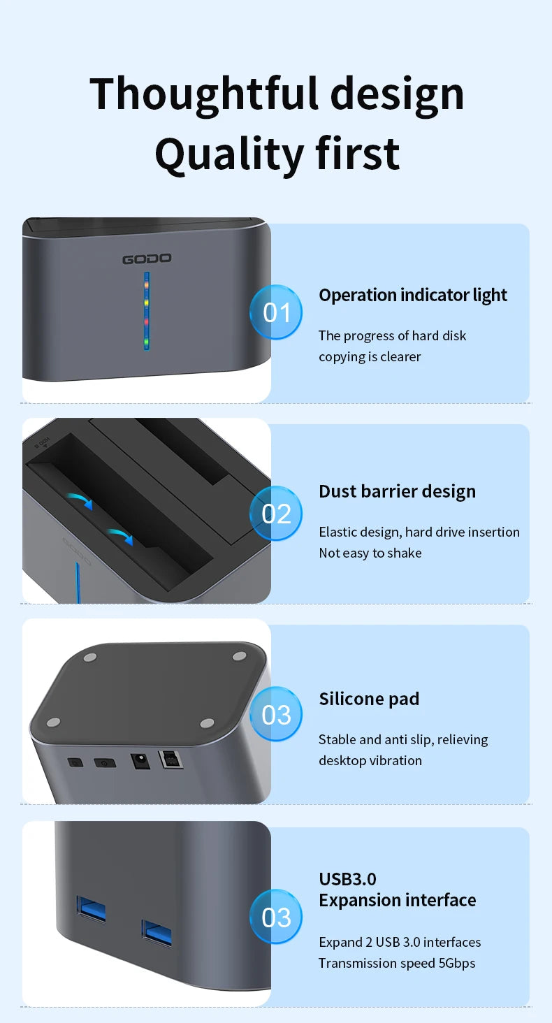 GODO USB 3.0 Dubbel Fack Typ C Hårddiskdocka för 2.5/3.5 tums SATA-enheter