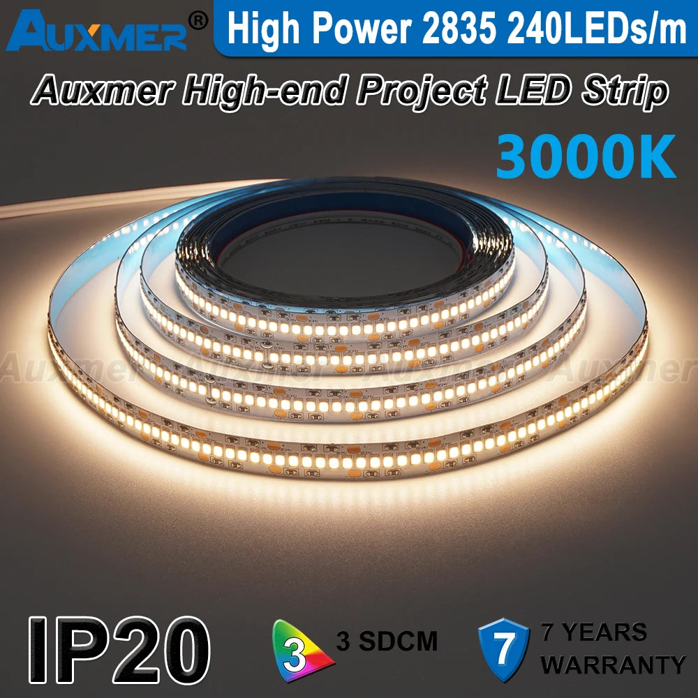 High Power 2835 LED Strip Lights,Mono Color,120LEDs/m 240LEDs/m,CRI＞95/90,3SDCM,Super Bright Flex LED DC12/24V,5m/reel,IP20