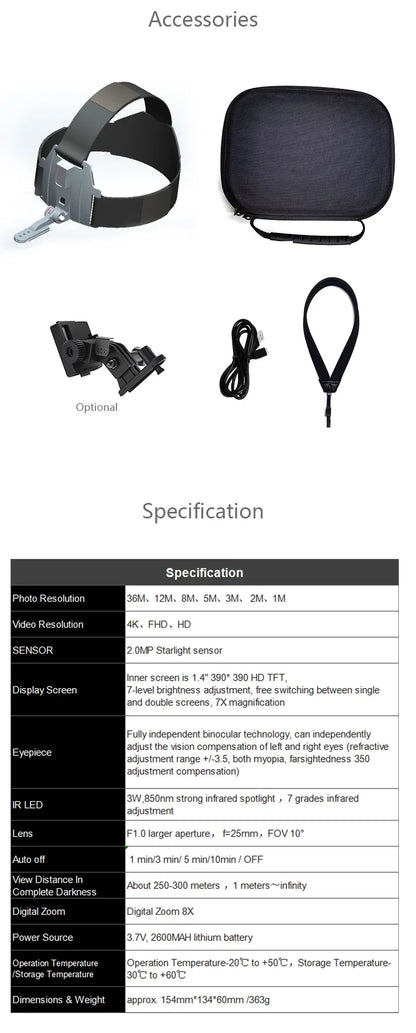 NV8300 Night Vision Binoculars Goggles 8X Digital Zoom 4K UHD 36MP 3D Head Mount Infrared Night Vision Device Hunting Telescope