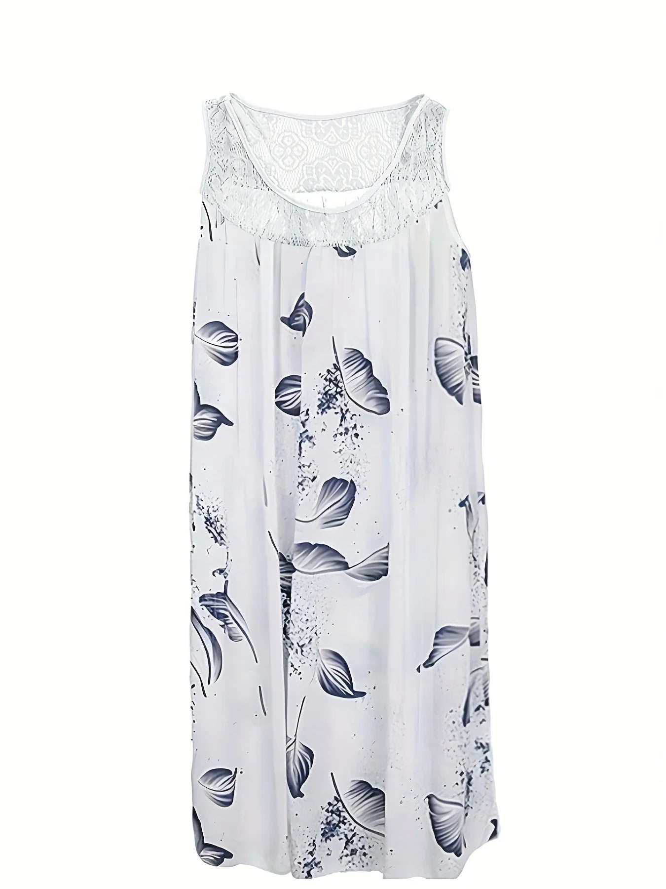 Plus size women's sleeveless round neck A-line dress with contrasting lace border floral print - knee length casual and pretenti