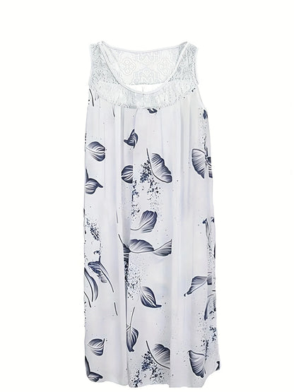 Plus size women's sleeveless round neck A-line dress with contrasting lace border floral print - knee length casual and pretenti