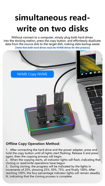 Blueendless Dual-Bay M.2 NVME SSD Clone Docking Station 20Gbps USB3.2 USB C Type C OFFline Cloner Duplicator NVme PCIE Enclosure