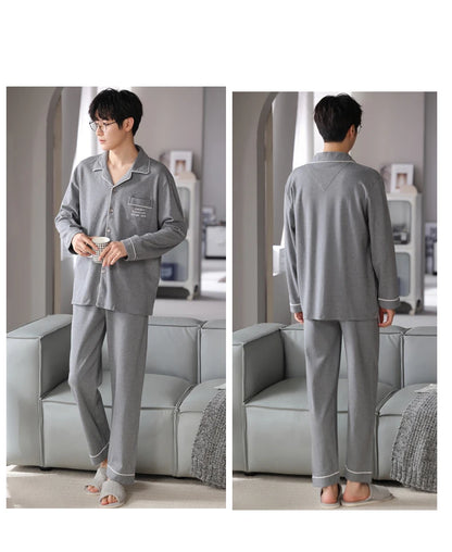 MiiOW Herr Pyjamas Set Vinter – Bomull Långärmad Rutig Grå Krage Plus Size, 8 Färger M–XXXL