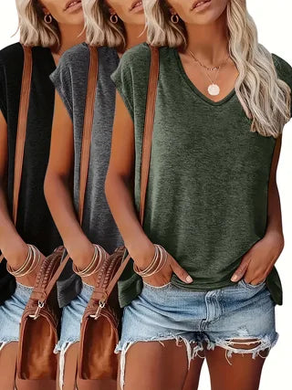 3-Pack of Solid Color V-Neck Cap-Sleeve Tops, Casual Short-Sleeve Tops for Summer and Spring, Women's Clothing