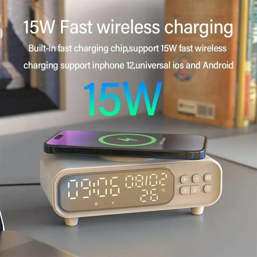 VIKEFON 15W Trådlös Laddare med Väckarklocka Nattljus & Termometer – Qi USB-C iPhone Android Hörlurar Snabbladdning CE RoHS