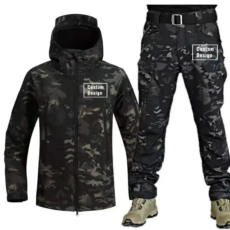 Herr Militär Softshell Set 2026 – Fleece Jacka + Byxor Outdoor, Grå/Svart/Khaki/Kamouflage S–4XL