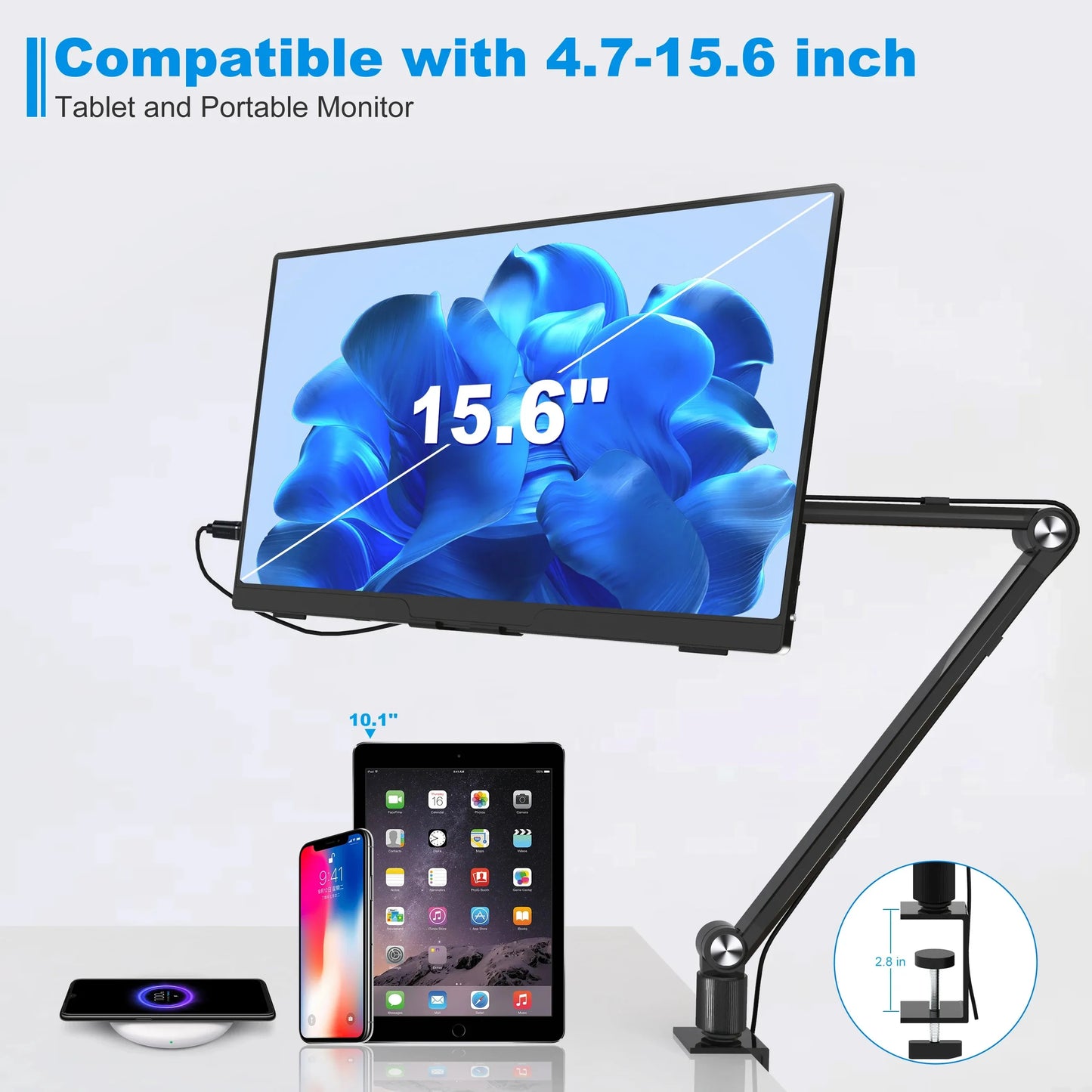 2025 Tablet Stand Holder for Ipad,Portable Monitor Stand Desk Mount for 15.6'' 16'' Screen,Aluminum Long Arm with Rotating