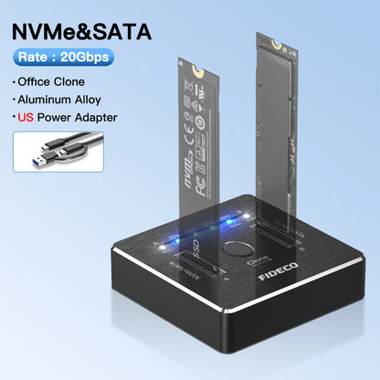 FIDECO NVMe SSD Enclosure 20Gbps Dual-Bay M.2 NVME SATA SSD Case Type-C Hdd Docking Station Supports Offline Clone for M.2 Case