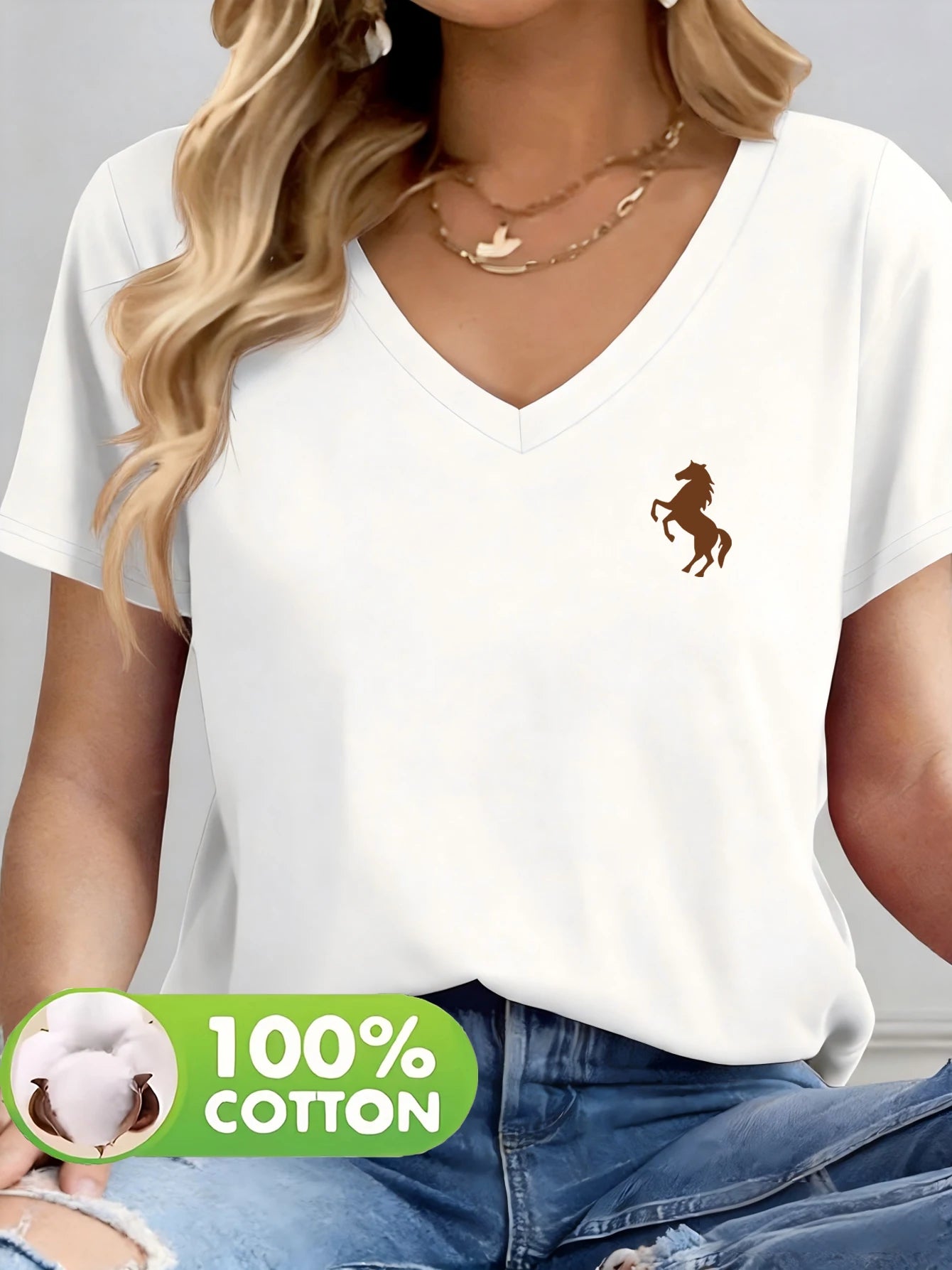 100% Cotton Material, 1 Pack, Women’s Solid-Colored Printed V-Neck T-Shirt, Cotton Fabric, Comfortable and Breathable