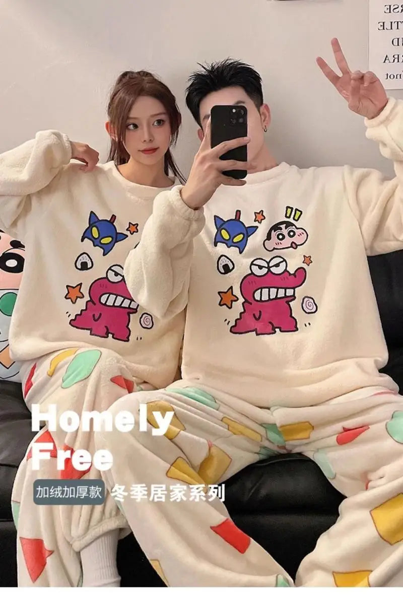 Kawaii Crayon Shin-Chan Couple Pajamas Set New Men's/women's Fashion Casual Pajama Plush Coral Fleece Winter Cartoon Homeclothes