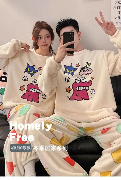 Kawaii Crayon Shin-Chan Couple Pajamas Set New Men's/women's Fashion Casual Pajama Plush Coral Fleece Winter Cartoon Homeclothes