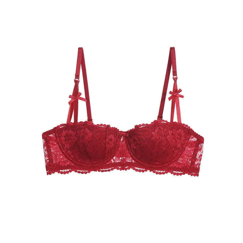 KUCLUT Jacquard lace big bow half-cup bra set, thin cotton cup breathable new small-bust push-up bra
