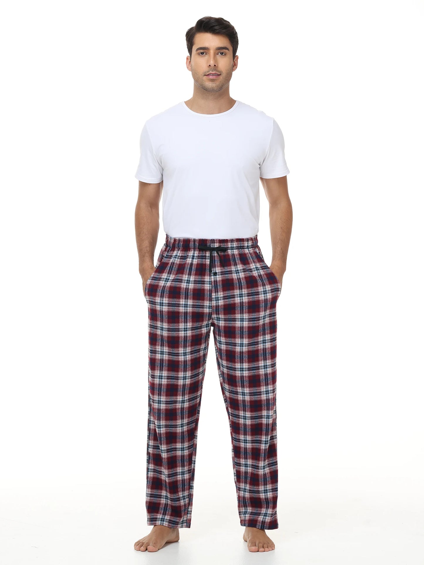 Men's 3Pcs Pajama Sleeping Pants Cotton Plaid Pjs, Long Plaid Print Sleepwear Pajama Pants with Elastic Waist Homewear
