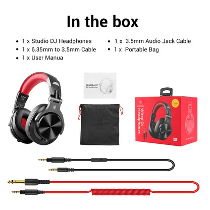 OneOdio Studio DJ Headset Over-Ear – 40mm Neodym 32Ω 110dB 90° Roterande Avtagbar Kabel 3,5mm/6,3mm CE 2 Års Garanti Röd