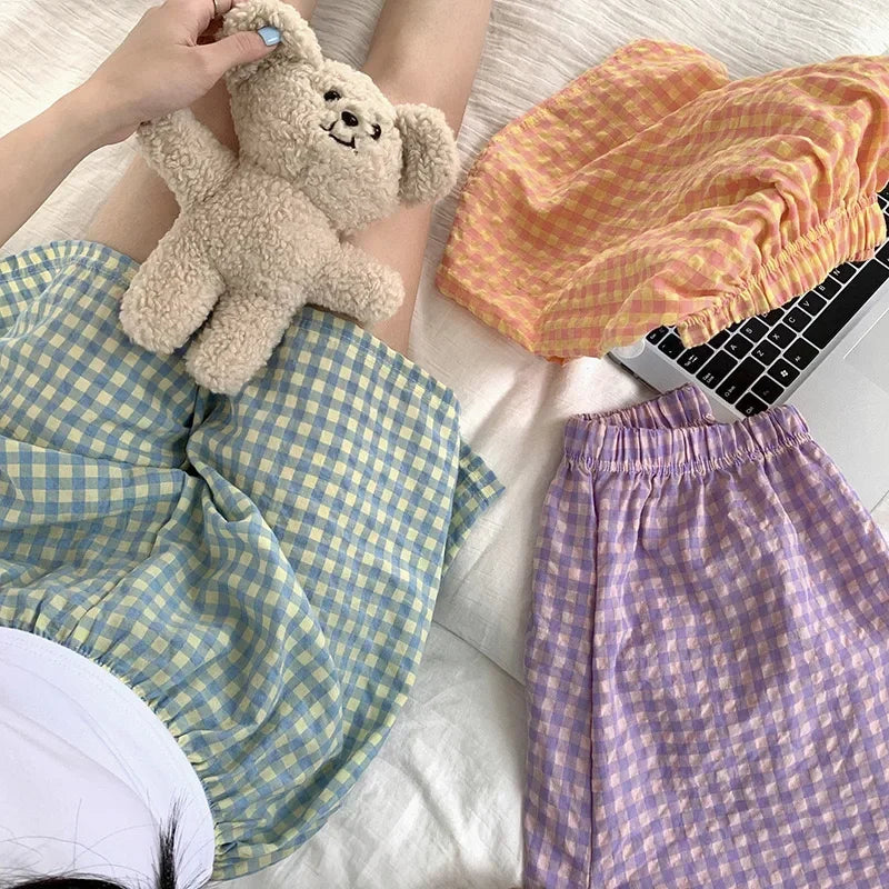Rutiga pyjamasshorts dam med resårmidja – TS-087, sex färger