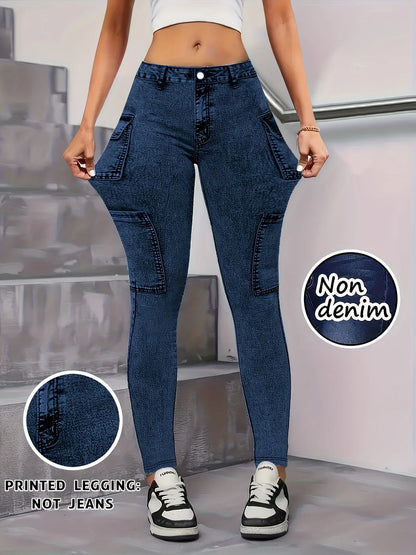 【Non-Denim】Women's Faux Denim Print Leggings, Sports Casual Skinny Pants, Thin Soft Skin-Friendly Yoga Pants, All-Season Long Pa