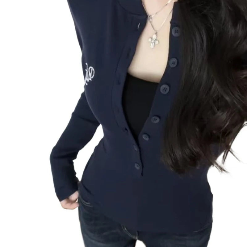 American Style Sweet and Spicy Girl Half Open Collar Base Shirt Women's Autumn Inner Wear Casual Slim Long Sleeve T-Shirt Top