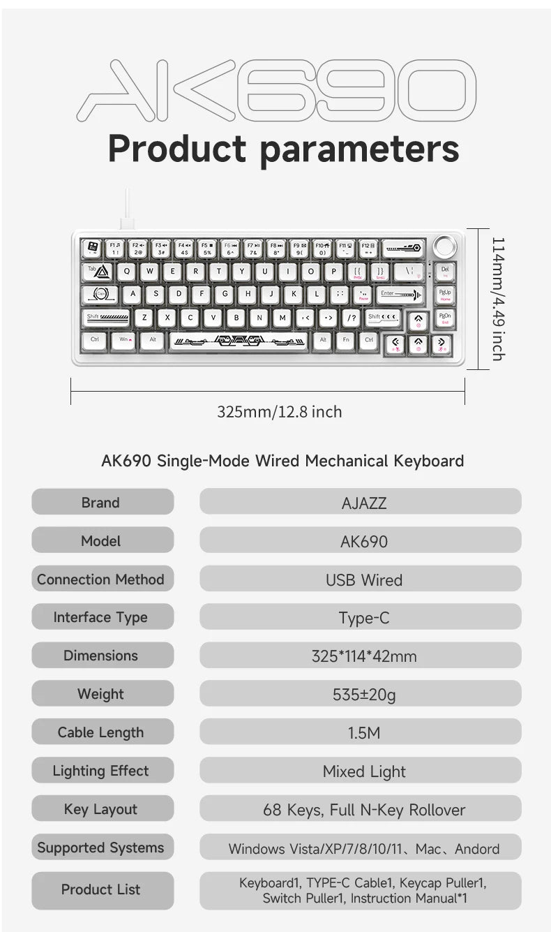 AJAZZ AK690 mekaniskt USB-tangentbord med 68 tangenter – engelsk layout