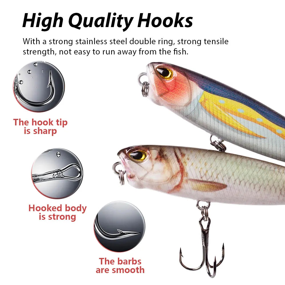Hanlin Popper 6.5cm/2.56in/5.5g Topwater Baits Walk The Dog Rattle Wobble Fishing Lures Floating Hard Plastic Bass Tackle
