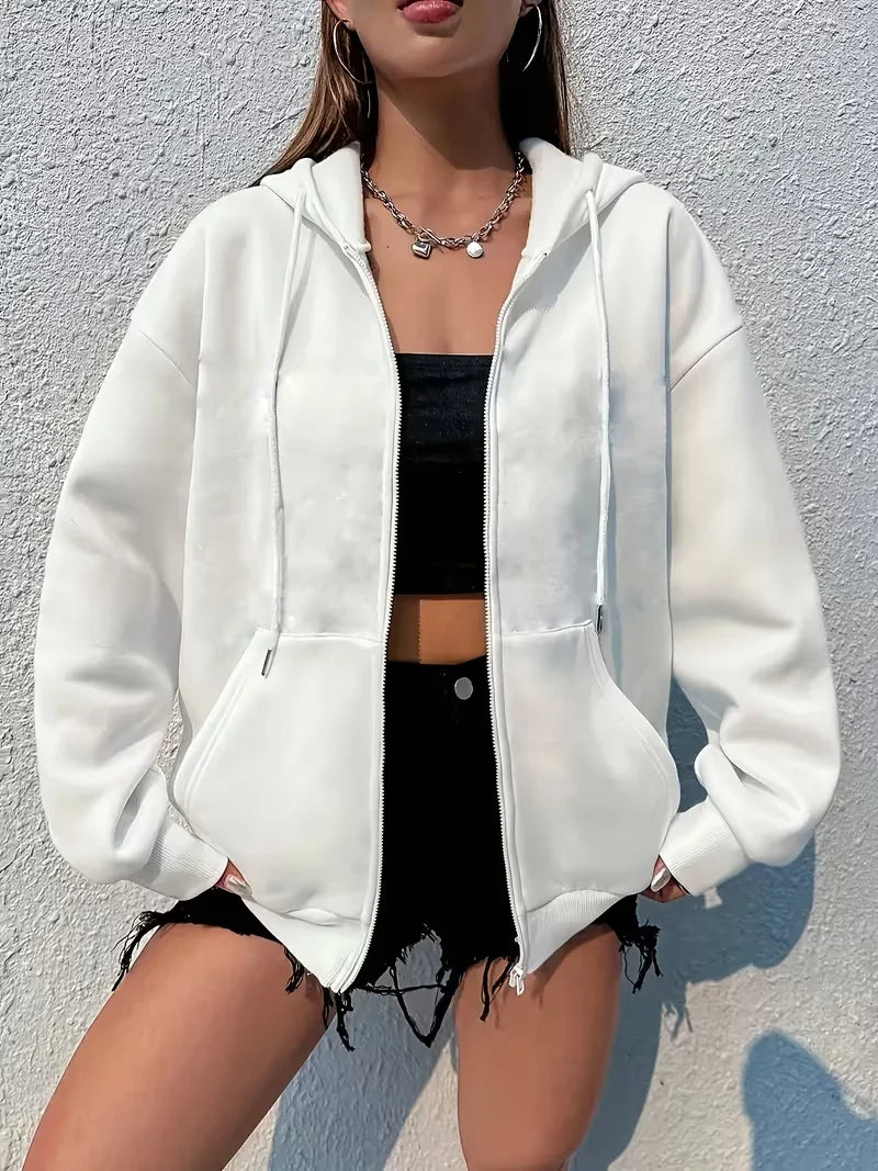 Black White Women's Zipper Hoodies Jacket Cotton Fleece Hoody Sweatshirt Pullover Autumn Winter Oversized Loose Tops Coat Unisex