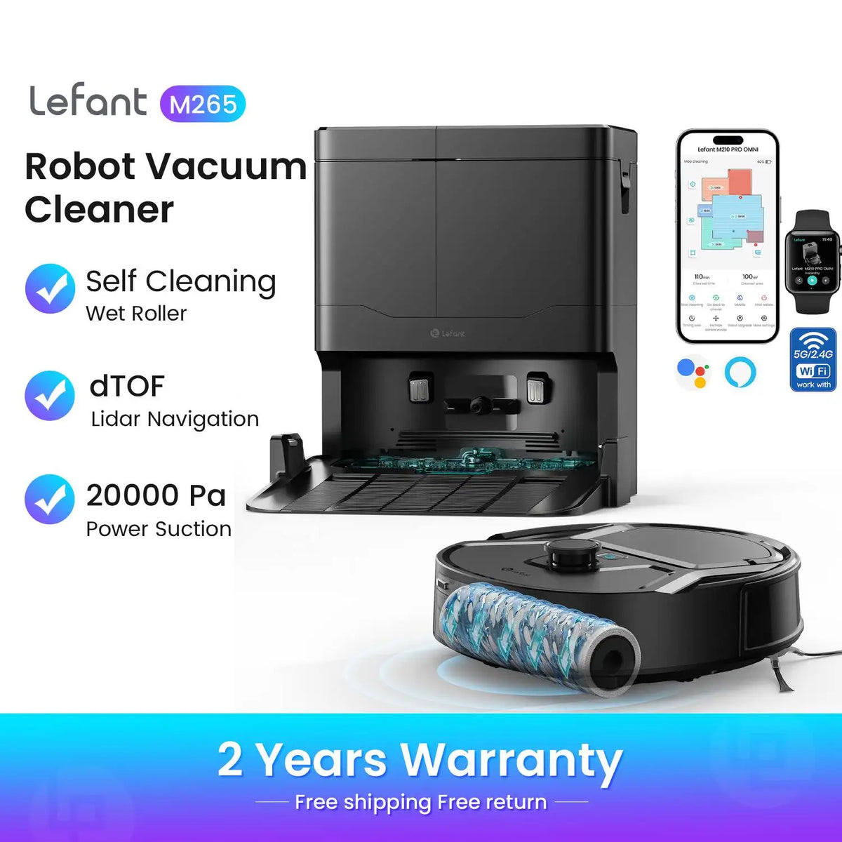 Lefant M265 Robot Vacuum Cleaner with Mapping, 20000Pa, Self-Cleaning Roller, Clean Water Wash, Laser dToF, Avoid PSD, Anti-Tangle, Compact, WiFi 2.4G/5G/Alexa/APP