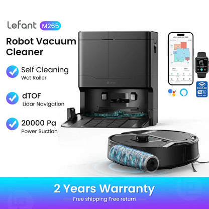 Lefant M265 Robot Vacuum Cleaner with Mapping, 20000Pa, Self-Cleaning Roller, Clean Water Wash, Laser dToF, Avoid PSD, Anti-Tangle, Compact, WiFi 2.4G/5G/Alexa/APP