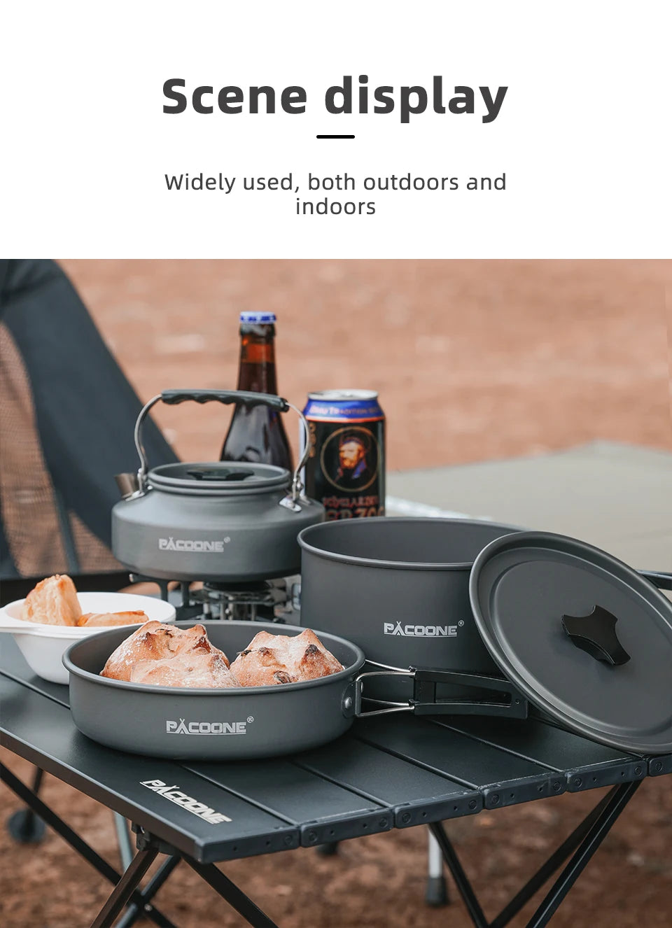 PACOONE Campingkokset – Portabelt Aluminiumset med Kastrull, Vattenkokare & Panna, Hopfällbart