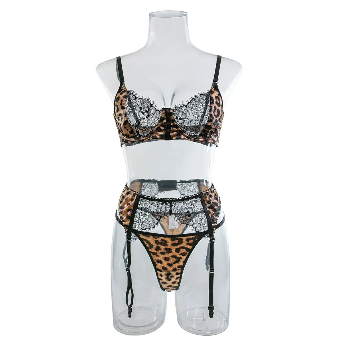 Leopardspets Lingerieset 3-delat – Sexigt, Romantiskt, BH & Trosa, S–L