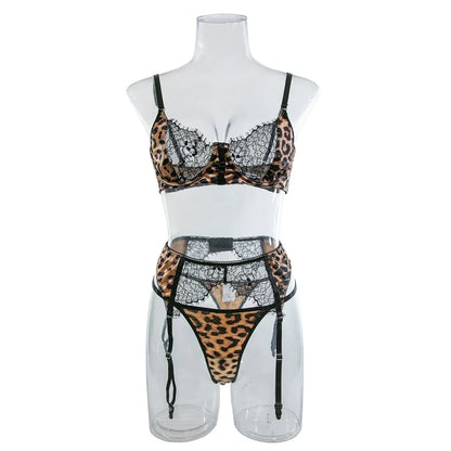 Leopardspets Lingerieset 3-delat – Sexigt, Romantiskt, BH & Trosa, S–L