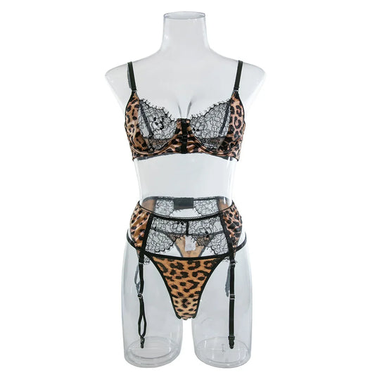 Leopardspets Lingerieset 3-delat – Sexigt, Romantiskt, BH & Trosa, S–L