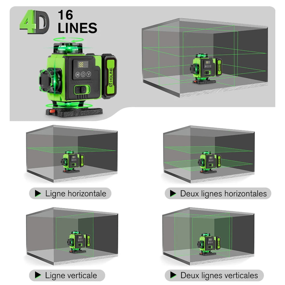 HGLINE Lasernivå 16 Linjer 4D – App- & Bluetooth-styrning, IP54, 25m, 100cm Stativ, Fullt Tillbehörsset