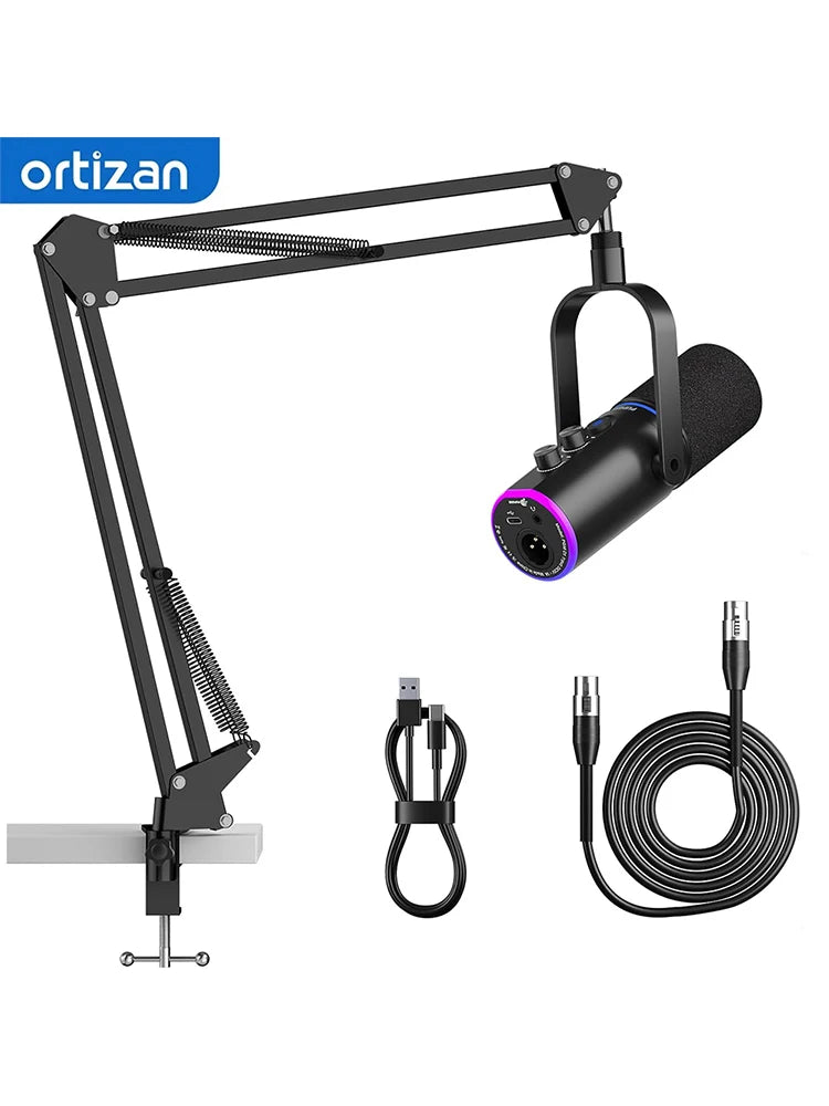 XLR/USB Gaming Microphone Kit: Dynamic PC Mic for Streaming Podcasting,  Mute Button, Reverb Effects, RGB Computer Mic with Arm