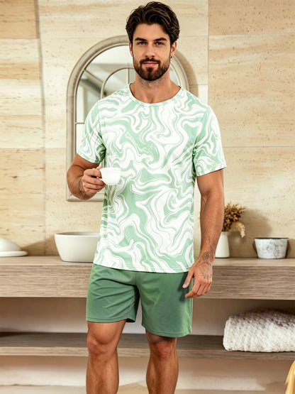 Herr Pyjamas Set Rutig – Kortärmad Topp & Shorts Hudvänlig Avslappnad, 11 Färger S–4XL
