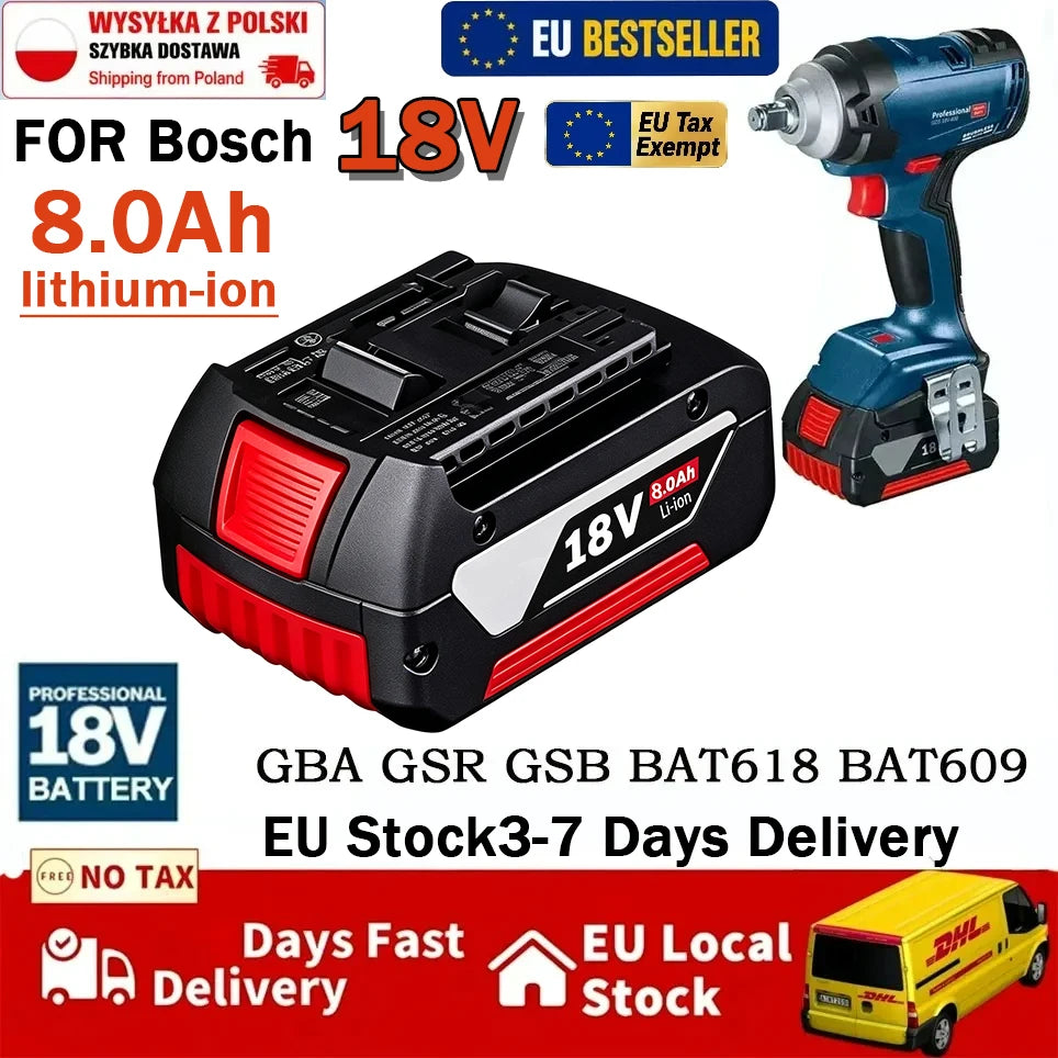 18V 8.0Ah Suitable for Bosch Battery GBA Professional GBA GSR GSB BAT609G BAT622 BAT618G with LED Power Display